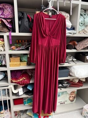 Fashion Nova Deep Red Long Sleeve V-Neck Maxi Dress